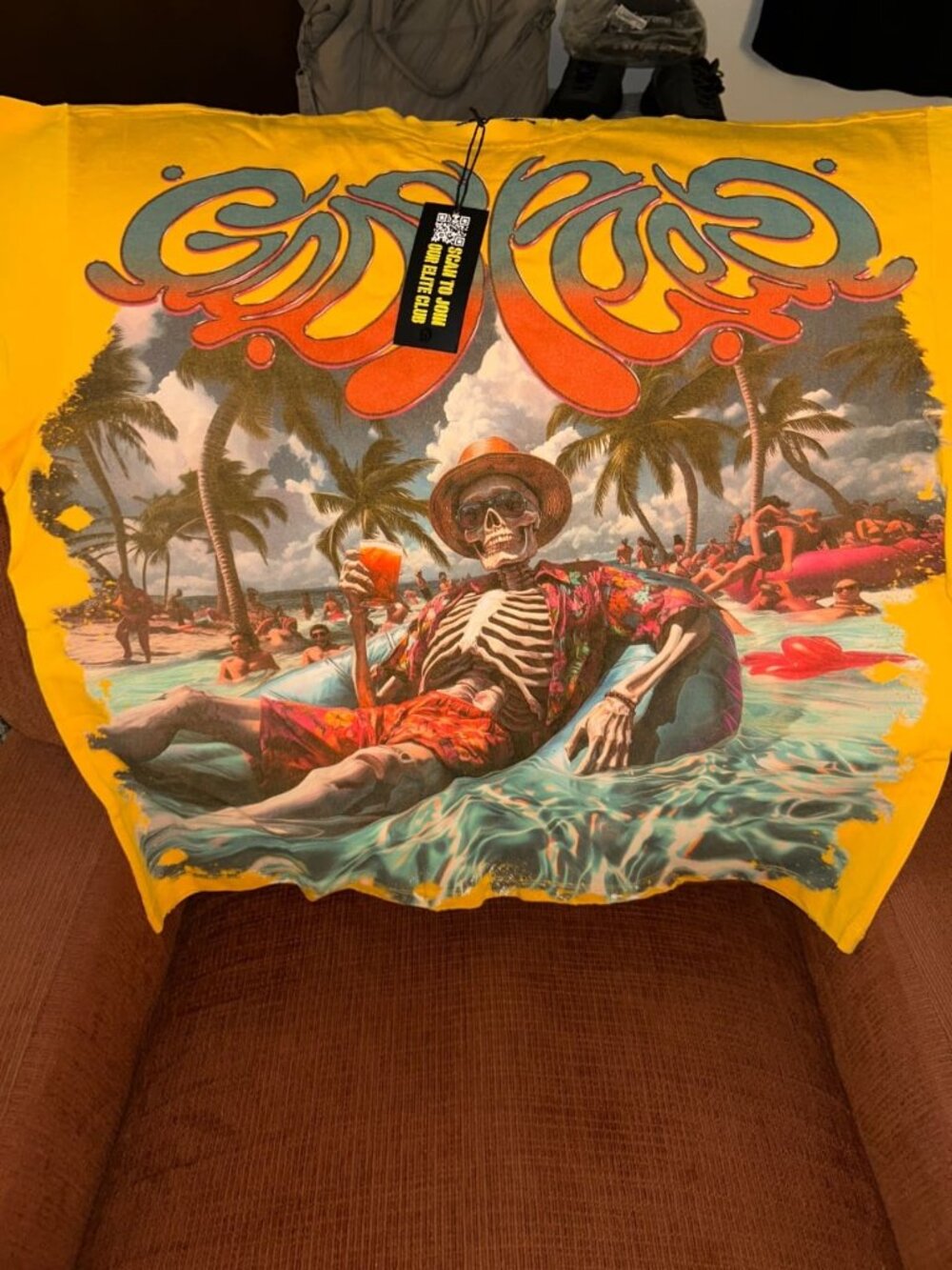 Godspeed Pool Party Tee (Skeleton Beach) Yellow/Multi-Color Size XL Brand New